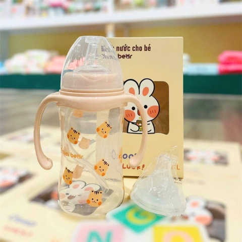Bình sữa cổ rộng có tay cầm Yumi Bear kèm ống hút cho bé 240ml