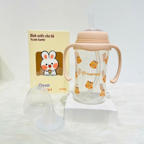 Bình sữa cổ rộng có tay cầm Yumi Bear kèm ống hút cho bé 240ml