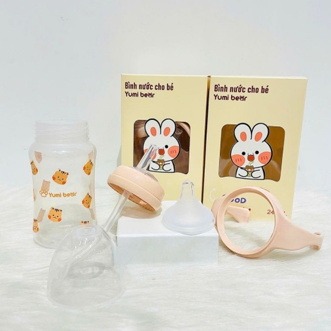 Bình sữa cổ rộng có tay cầm Yumi Bear kèm ống hút cho bé 240ml