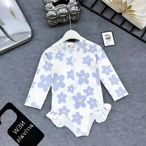 Đồ bơi bikini tay dài liền thân họa tiết hoa tím cho bé gái