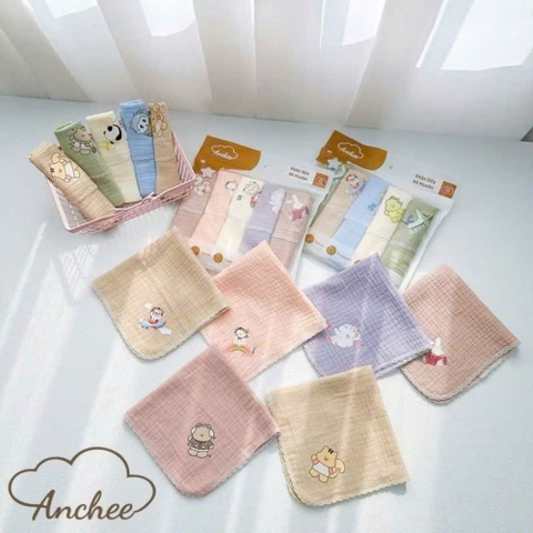 Set 5 khăn sữa xô muslin Anchee màu in hình động vật