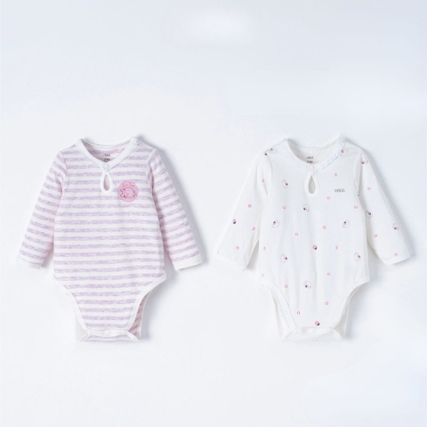Set 2 bodysuit dài tay kẻ tím mix màu trắng họa tiết 12-18M