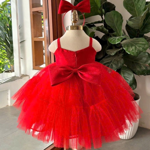 Đầm công chúa hoa nổi voan xòe 3 tầng kèm cài nơ