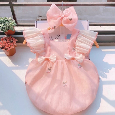 Set body tơ hồng thêu hoa kèm tuban cho bé