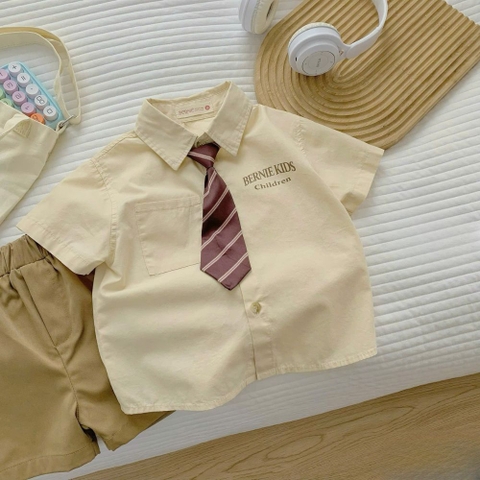 Set bộ sơ mi cà vạt in chữ Bernie Kids Hàn Quốc cho bé trai