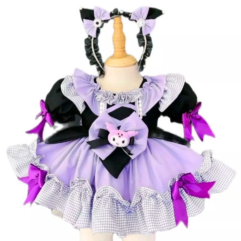 Váy lolita Koromi đen tím phối caro kèm cài cho bé