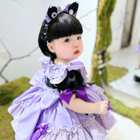 Váy lolita Koromi đen tím phối caro kèm cài cho bé