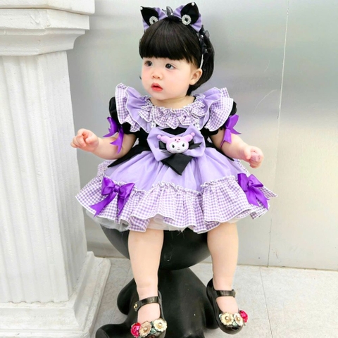 Váy lolita Koromi đen tím phối caro kèm cài cho bé