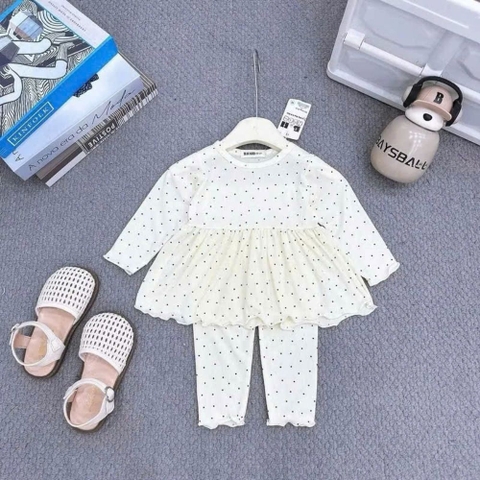 Bộ dài tay thun tăm babydoll in họa tiết bé gái
