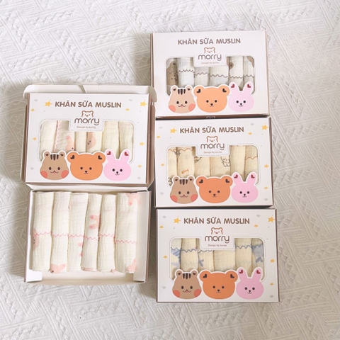 Hộp 6 khăn sữa muslin organic 2 lớp Morry cho bé