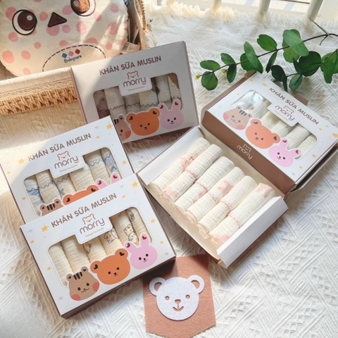 Hộp 6 khăn sữa muslin organic 2 lớp Morry cho bé