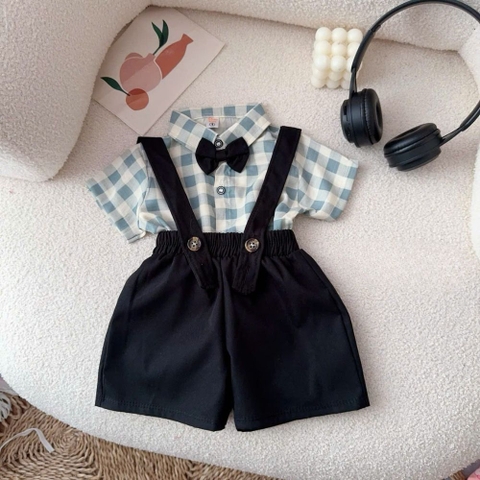 Set yếm công tử phối áo sơ mi caro kèm nơ cho bé trai
