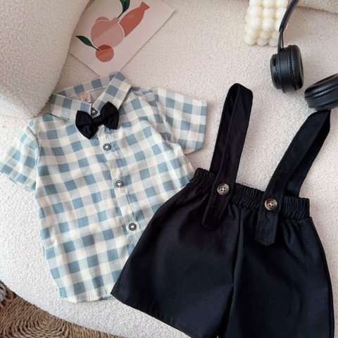 Set yếm công tử phối áo sơ mi caro kèm nơ cho bé trai