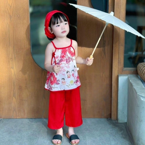 Set áo yếm họa tiết tiên nữ hoa đỏ kèm khăn lụa