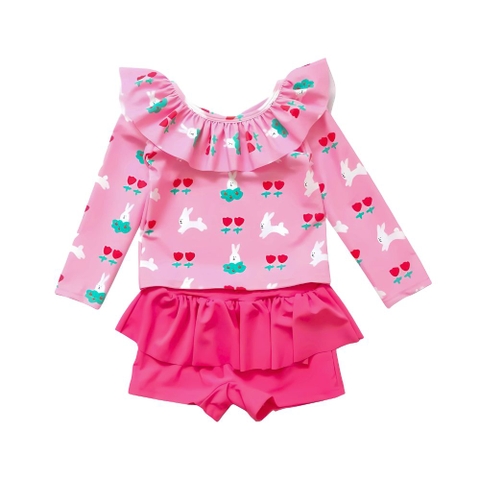 Đồ bơi bikini áo dài tay hình thỏ cổ bèo phối quần váy cho bé