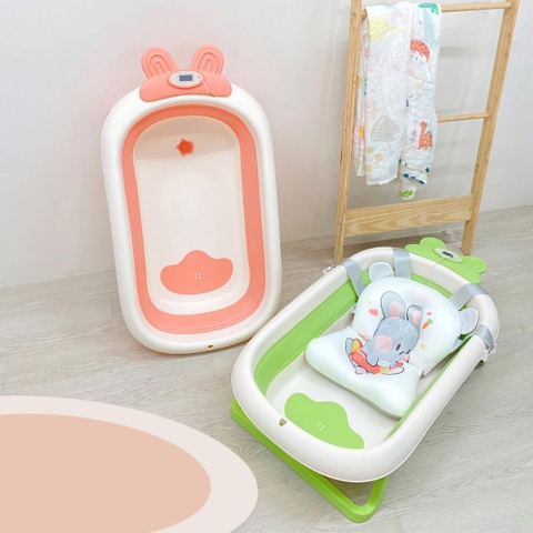 Thau tắm gấp gọn Sasa hình thỏ kèm phao có nhiệt kế
