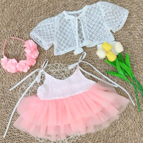 Set đầm tầng voan kèm áo khoác ren lưới cho bé