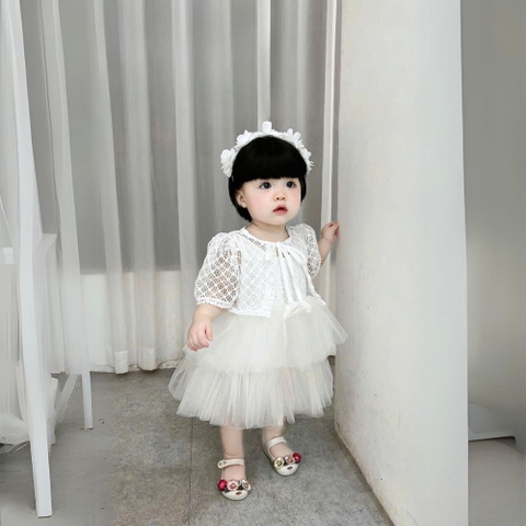 Set đầm tầng voan kèm áo khoác ren lưới cho bé
