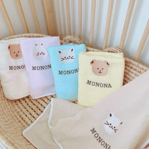 Chăn xô muslin 2 lớp Monona bo viền thếu gấu