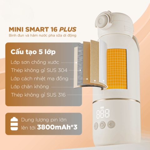 Bình đun và hâm nước pha sữa di động Mini Smart 16 Plus
