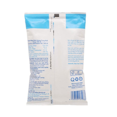 Sữa tươi tiệt trùng Dalat Milk ít đường bịch 220ml