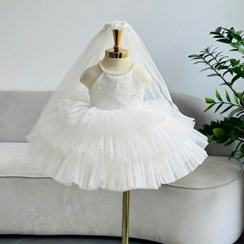 Đầm váy công chúa cổ yếm đính ngọc 3 tầng