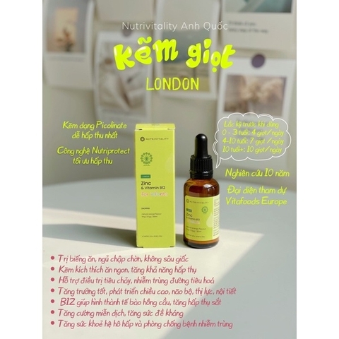 Kẽm Zinc và Vitamin B12 Nutrivitality Anh 30ml