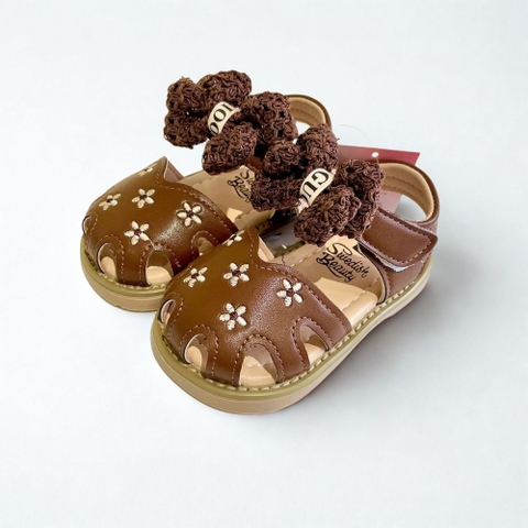 Giày sandal da tập đi thêu hoa đính nơ cho bé