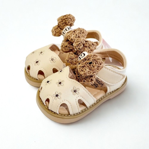 Giày sandal da tập đi thêu hoa đính nơ cho bé
