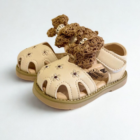 Giày sandal da tập đi thêu hoa đính nơ cho bé