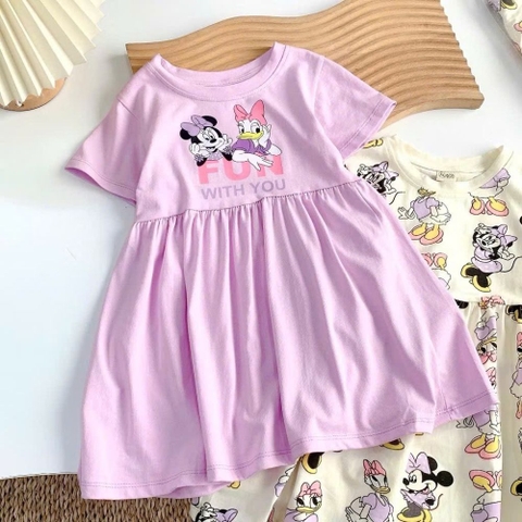 Đầm váy suông cộc tay hình Mickey và Donald cho bé gái