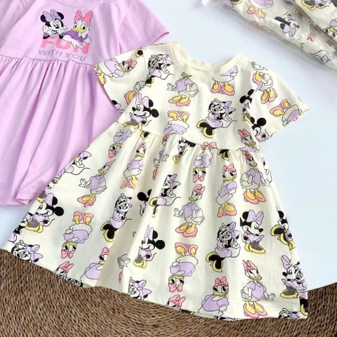 Đầm váy suông cộc tay hình Mickey và Donald cho bé gái