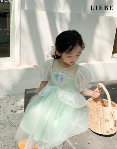 Đầm voan tay bồng kim tuyến ngực