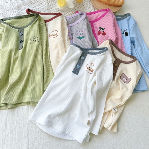 Bộ dài thun tăm cổ tròn phối nút in động vật
