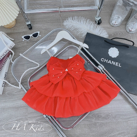 Đầm xoè hai dây nơ ngực đính ngọc