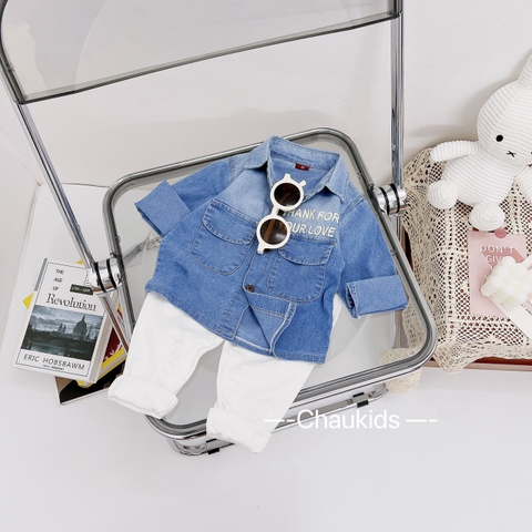Set áo sơ mi jean quần jean trắng