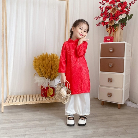 Set áo dài lụa vân chìm bé gái