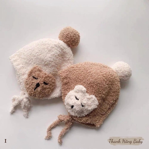 Nón len hình gấu hai bên tai cột dây