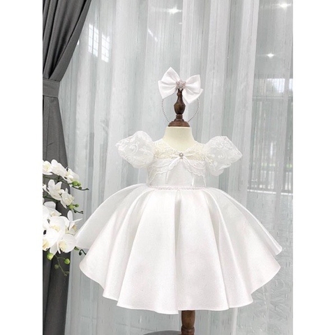 Đầm xoè voan phối tay ren kèm cài nơ