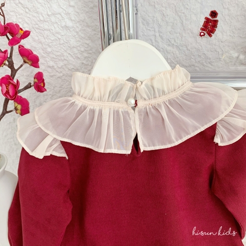Set áo dài đỏ cổ viền bèo thêu hoa
