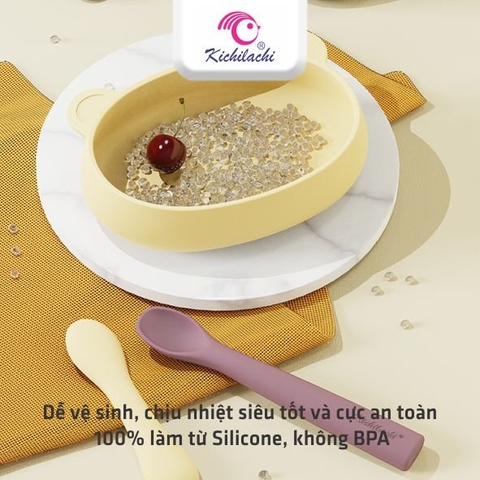 Bộ chén kèm thìa chất liệu silicon hình gấu Kichi