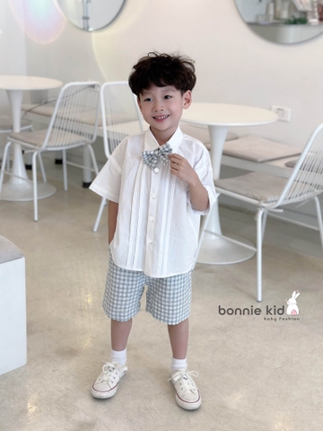 Set sơ mi trắng công tử có nơ quần short caro