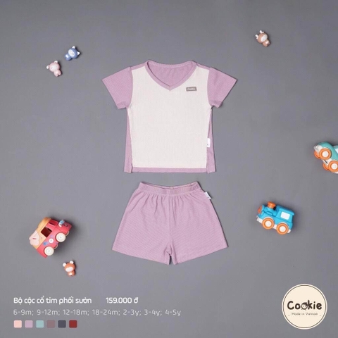Bộ cộc tay cổ tim phối sườn Cookie chất tăm lạnh