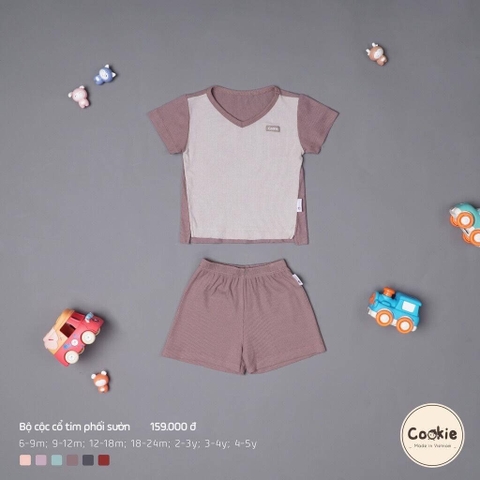 Bộ cộc tay cổ tim phối sườn Cookie chất tăm lạnh