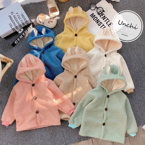 Áo khoác Unchi lông cừu liền mũ có tai cho bé