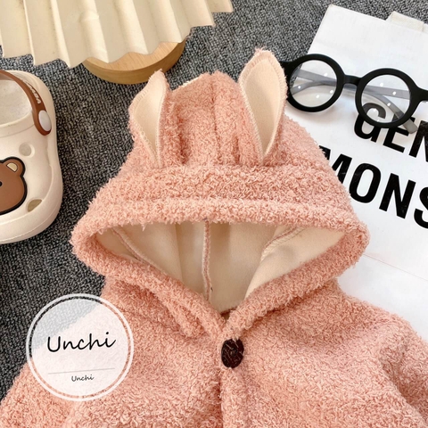 Áo khoác Unchi lông cừu liền mũ có tai cho bé