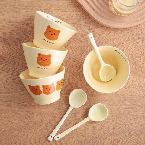 Bát gấu kèm thìa sứ hình gấu nâu