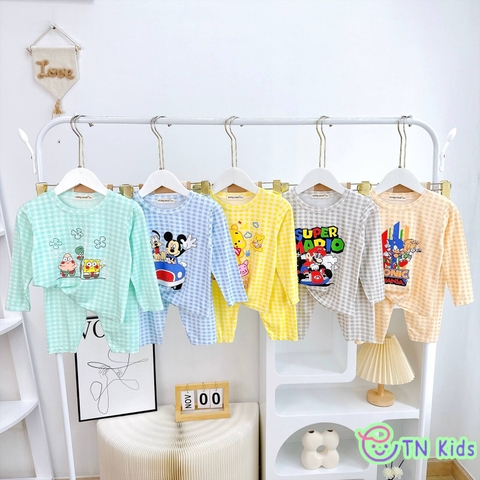 Bộ dài tay thun lạnh Minky Mom sọc caro in hoạt hình