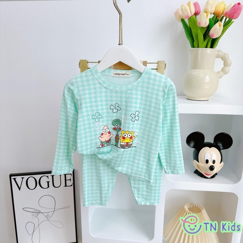 Bộ dài tay thun lạnh Minky Mom sọc caro in hoạt hình
