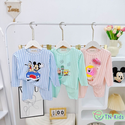 Bộ dài tay thun lạnh Minky Mom sọc caro in hoạt hình